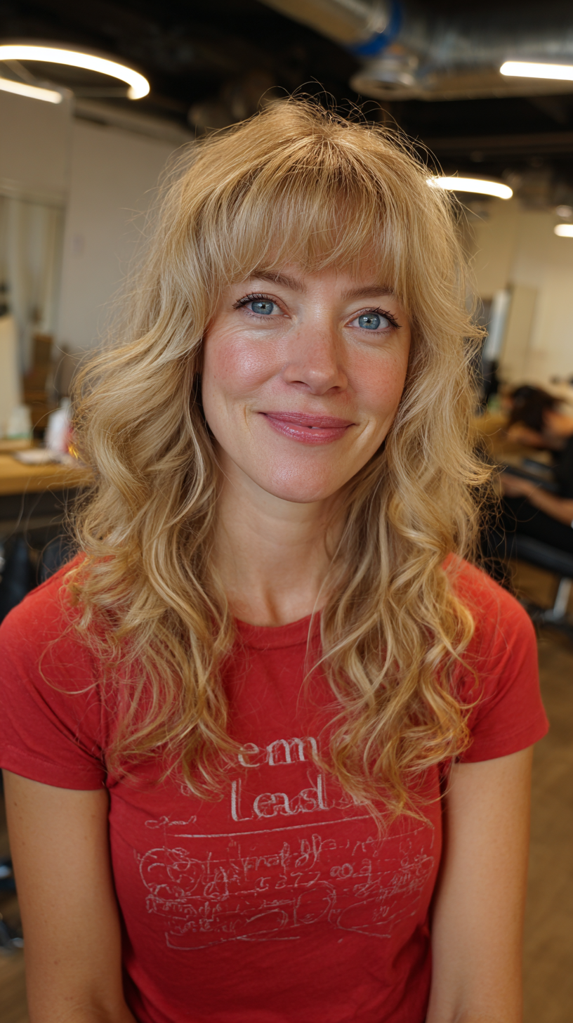 Chic Shoulder-Length Beachy Waves with Soft Bangs