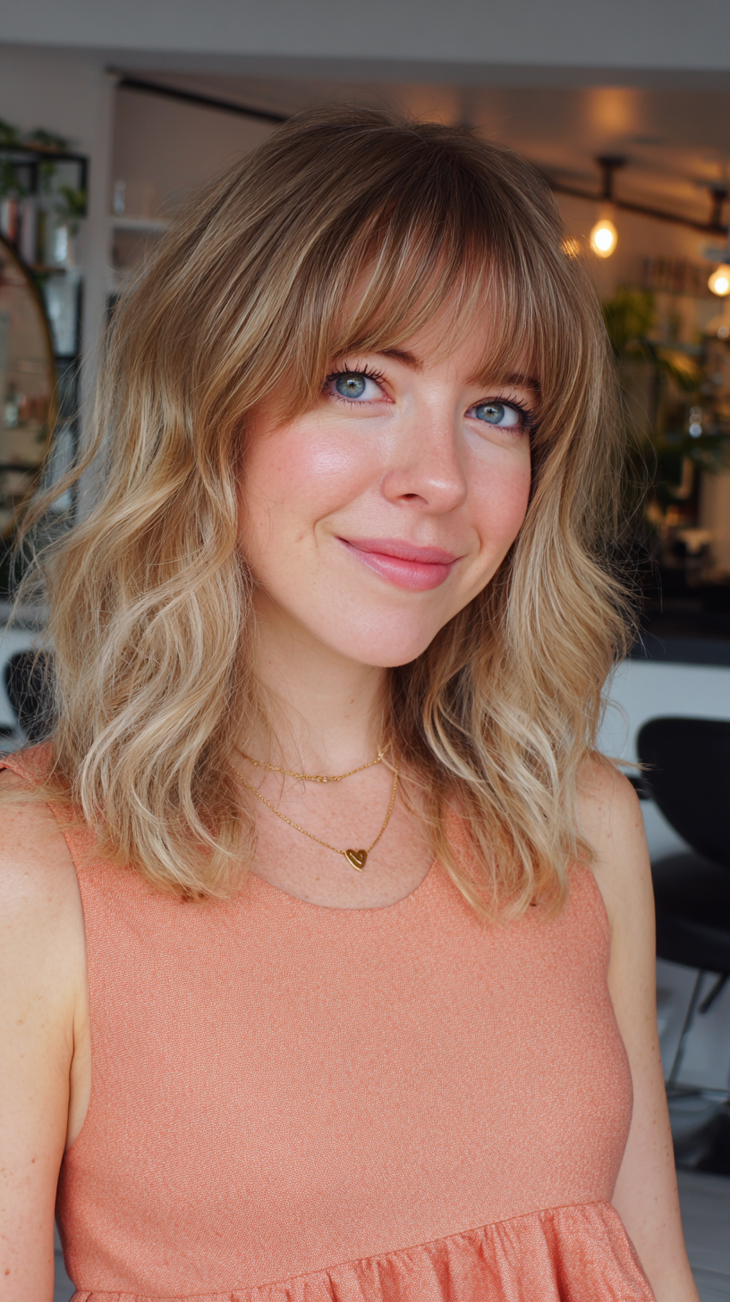 Chic Textured Blonde Waves with Blunt Bangs