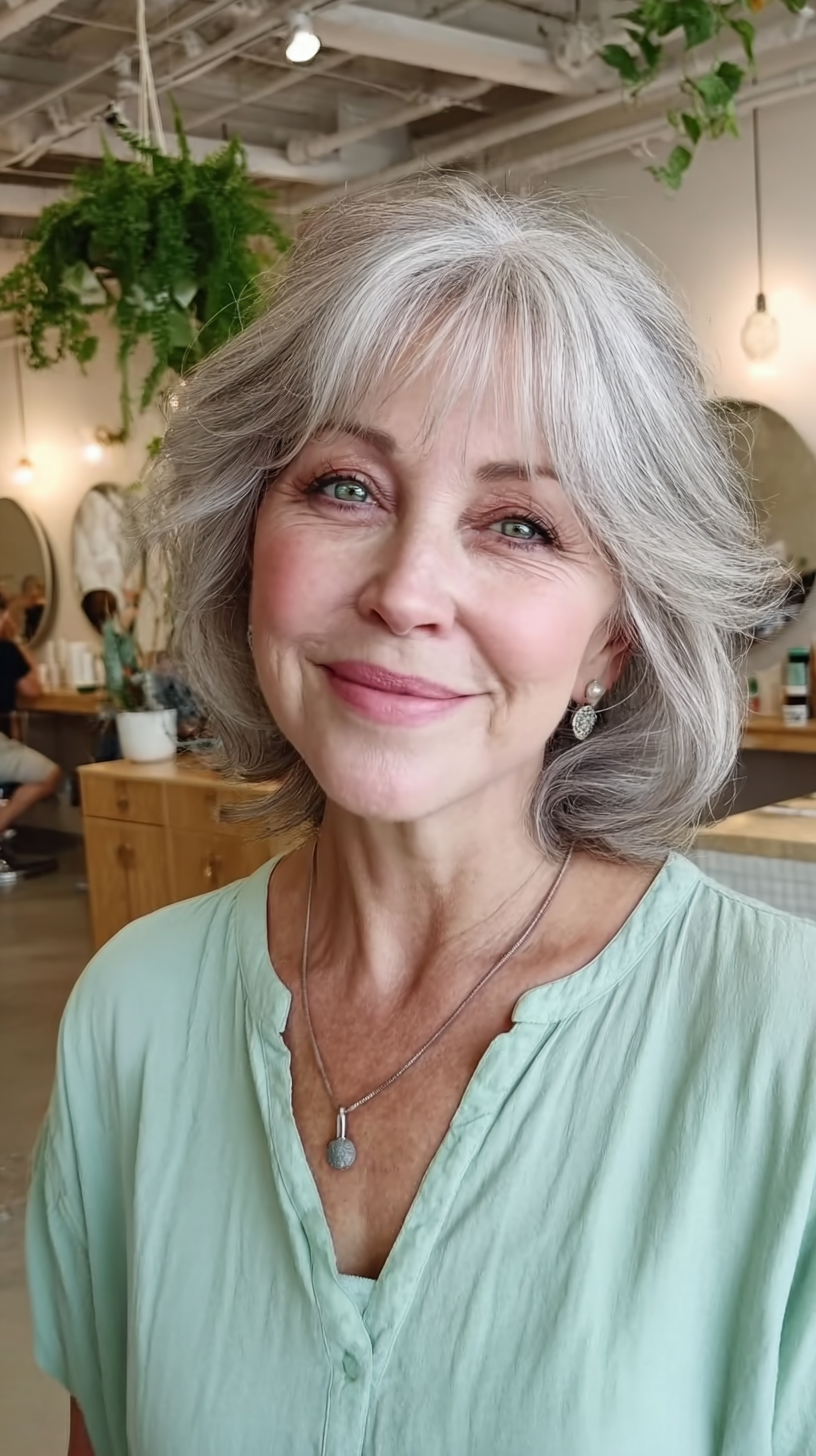 Soft Textured Gray Shag with Gentle Bangs