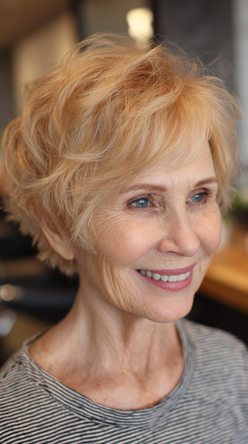 Soft Tousled Short Cut with Warm Blonde Highlights