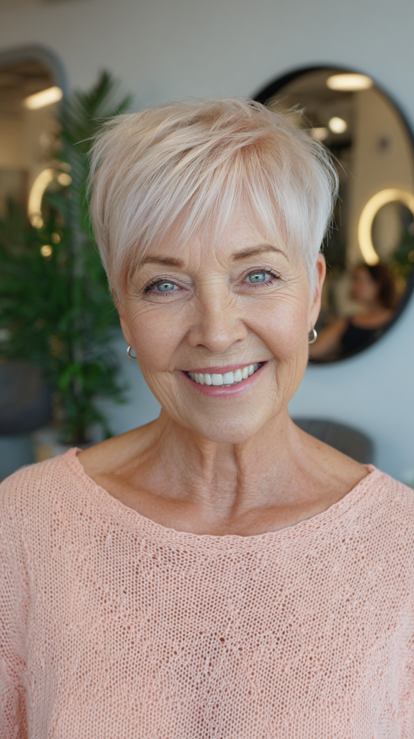 Softly Textured Platinum Pixie with Subtle Layers