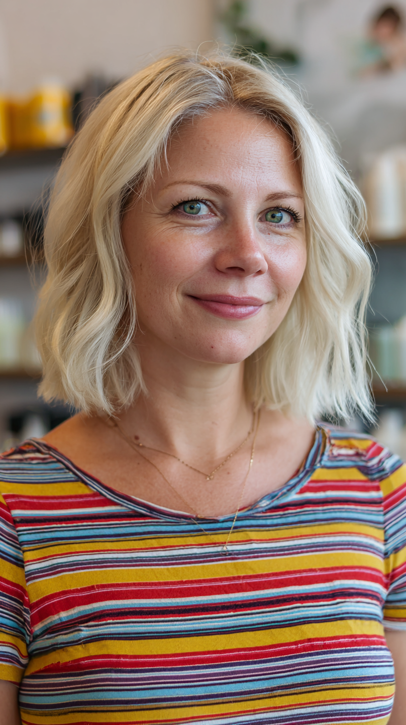 Textured Shoulder-Length Blonde Waves with Subtle Highlights
