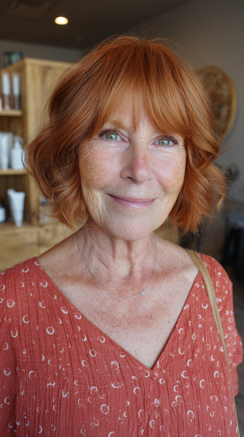 Warm Copper Beachy Waves with Soft Bangs