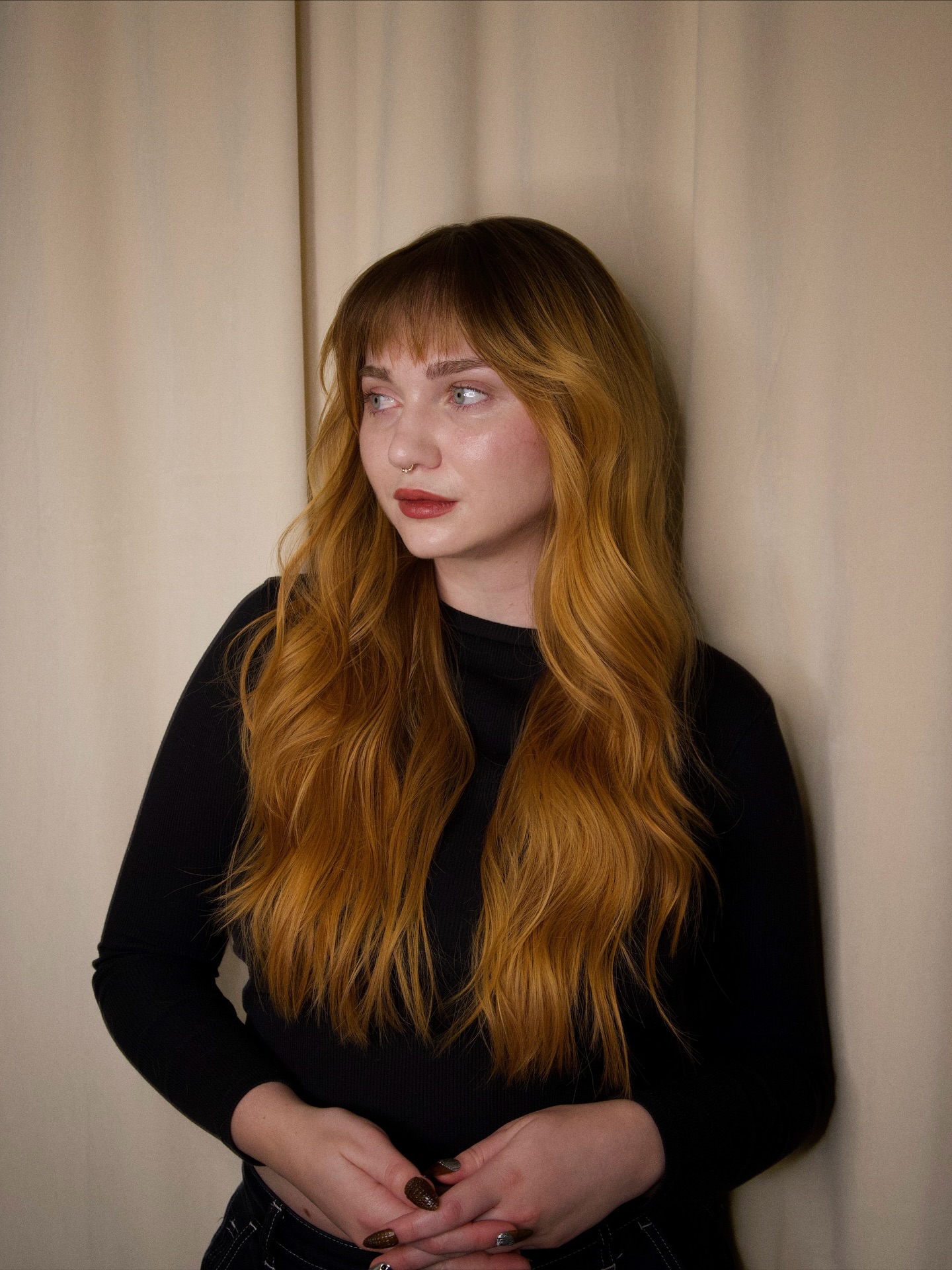 Golden Long Waves with Soft Bangs