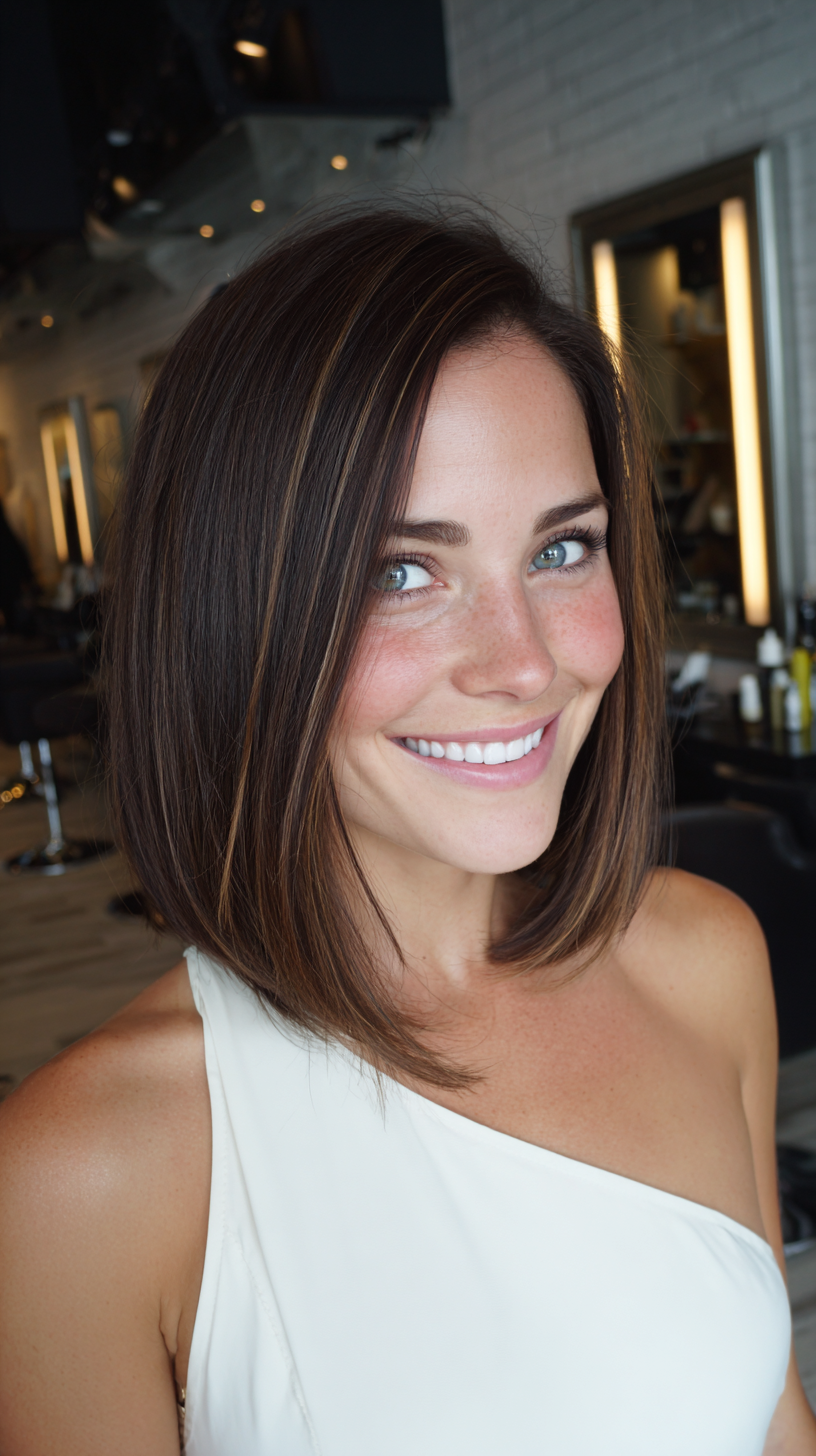 Chic Ashy Brown Lob with Subtle Highlights
