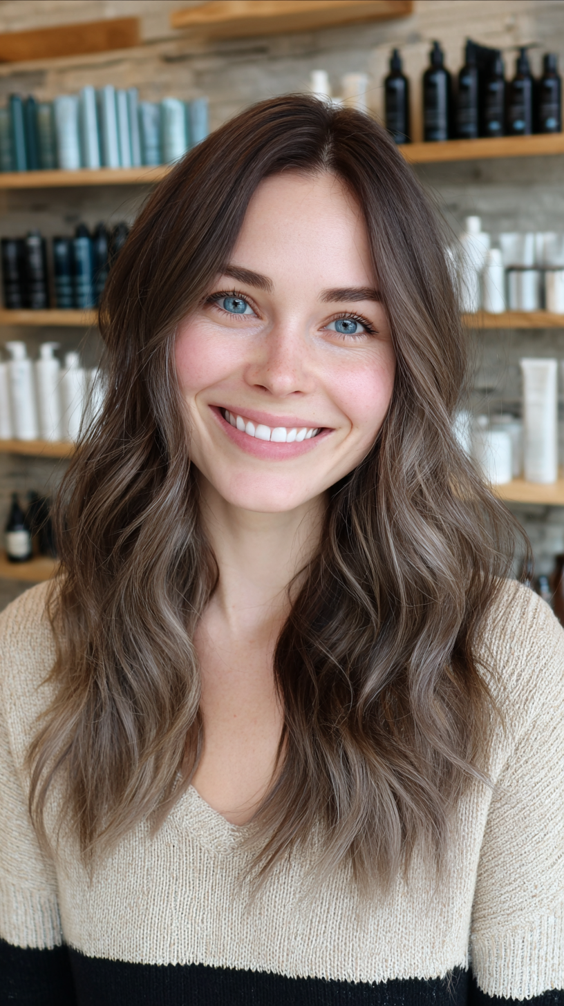 Radiant Ashy Brown Waves with Subtle Highlights