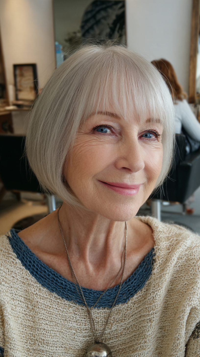 Chic Soft Textured Silver Bob with Blunt Bangs