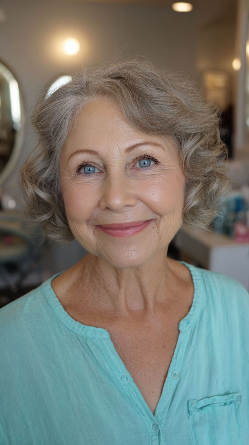 Soft Curly Silver Bob with Subtle Volume