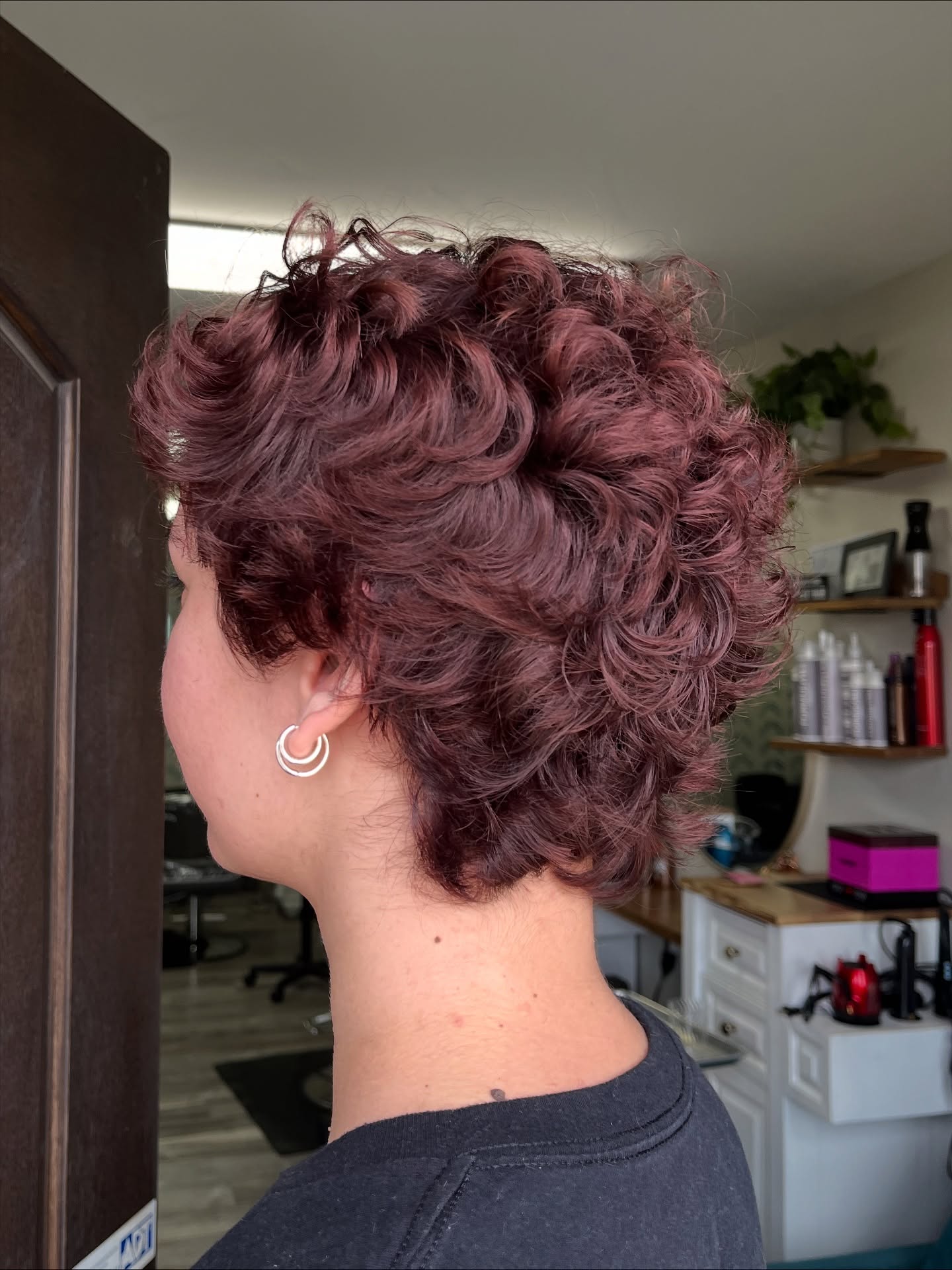 Textured Short Curls with Rich Burgundy Color