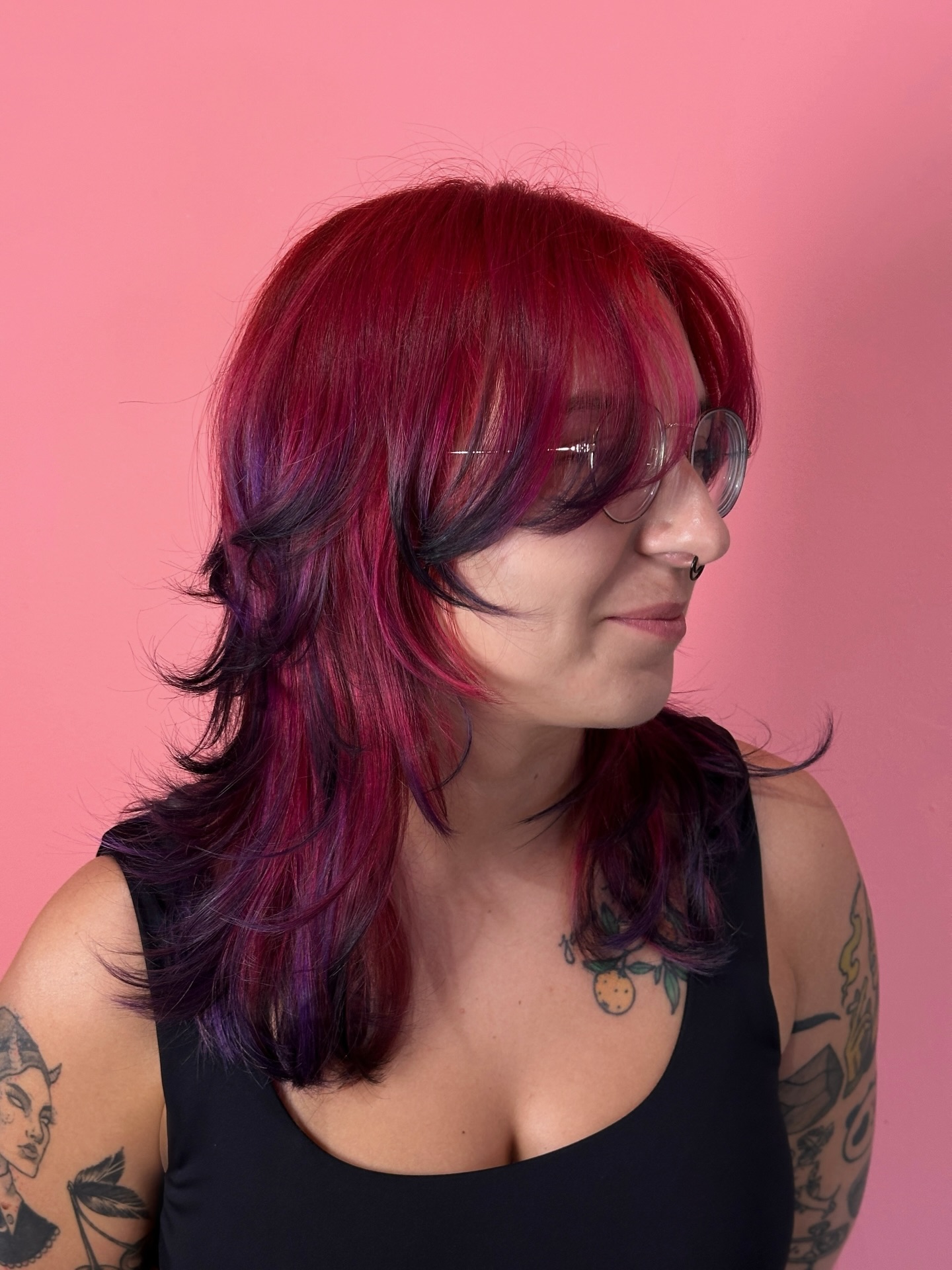 Bold Layered Cut with Purple and Red Accents