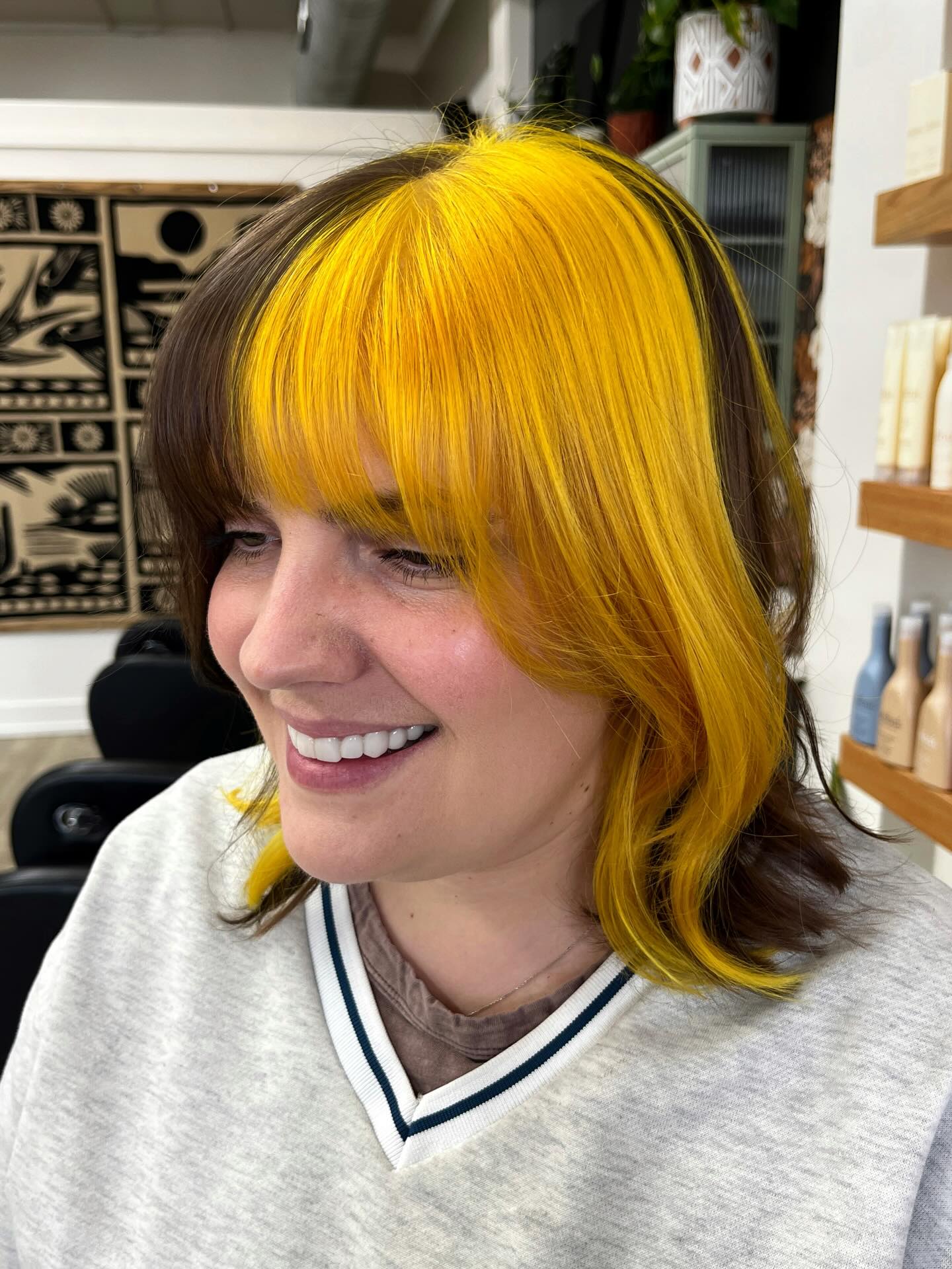 Bold Two-Toned Cut with Vibrant Yellow and Dark Brown