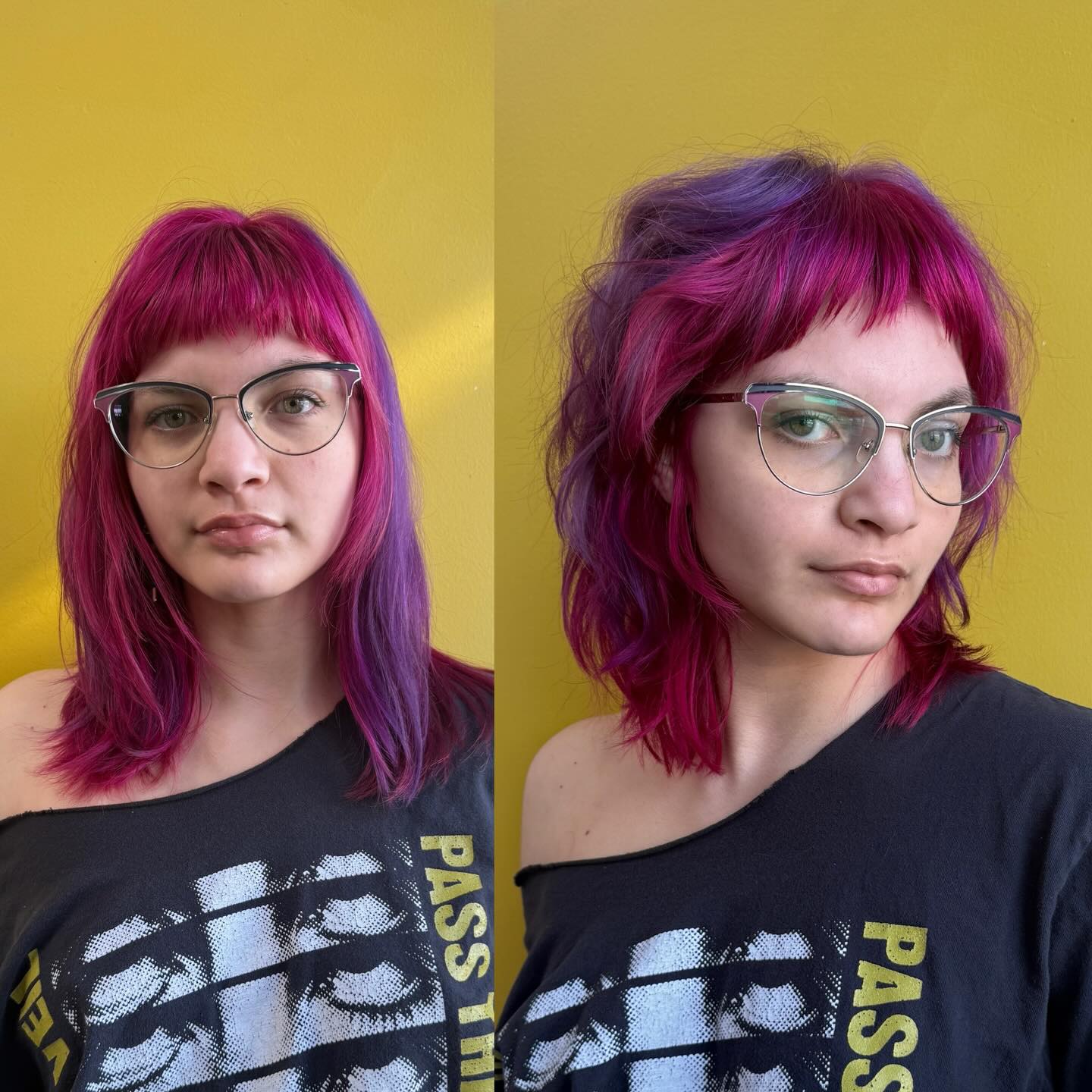 Choppy Textured Lob with Bold Purple and Pink Highlights