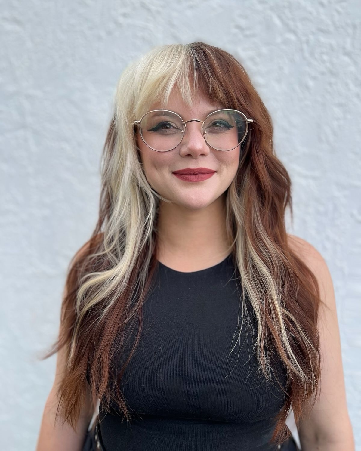 Dynamic Color Block Bangs with Wavy Layers