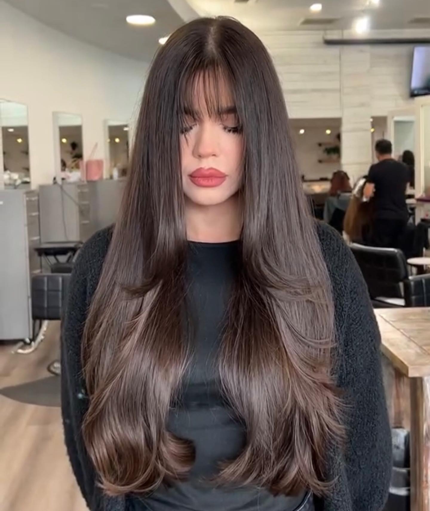 Glossy Long Butterfly Cut with Curtain Bangs