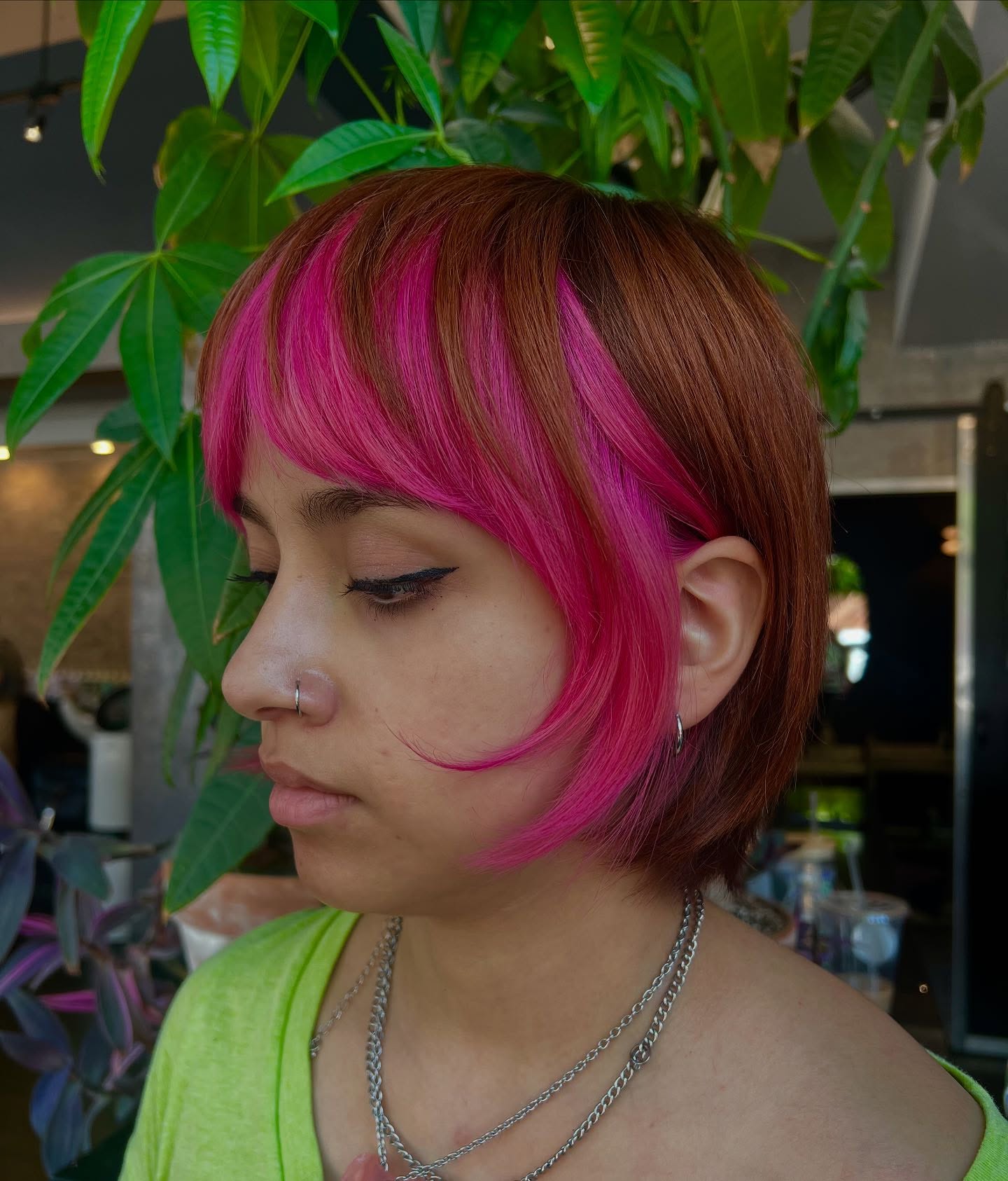 Vibrant Color Block Bangs with Textured Layers