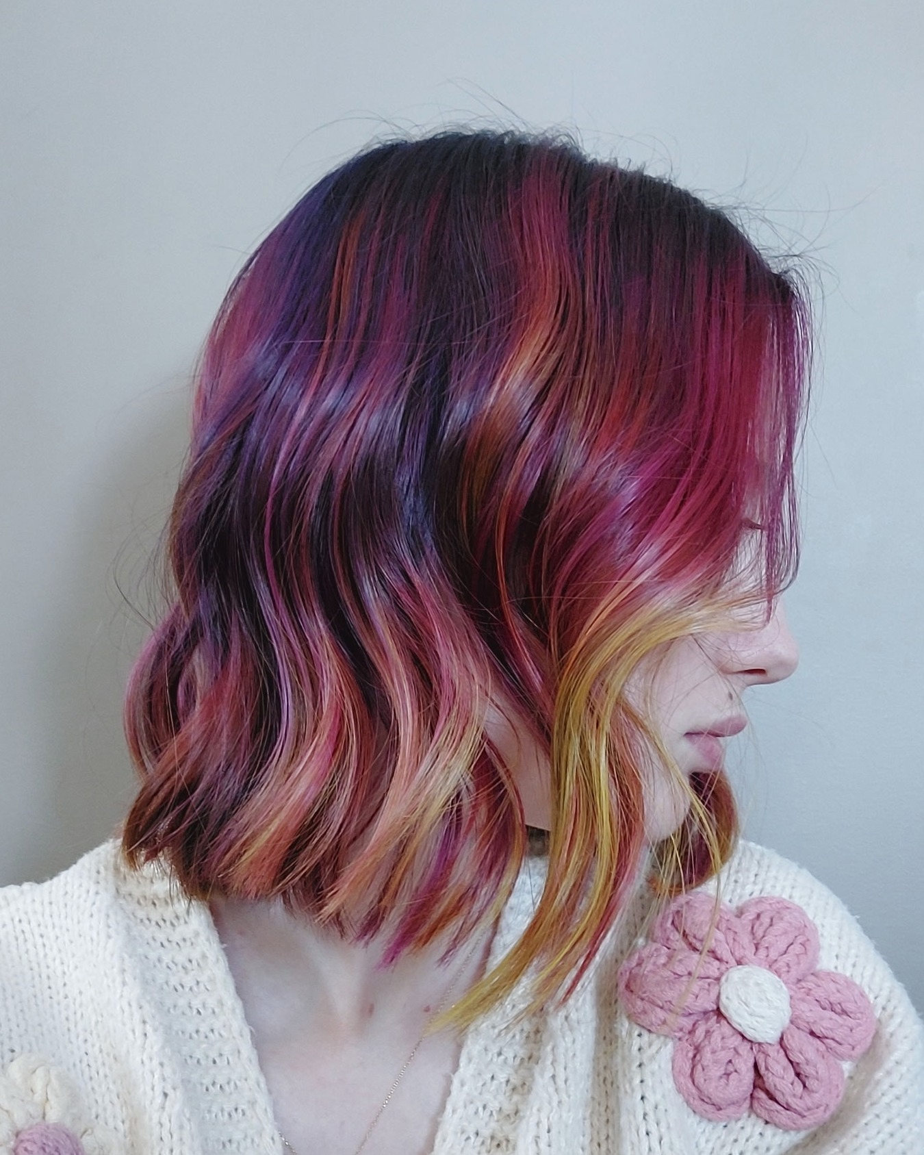 Vibrant Textured Bob with Sunset Hues
