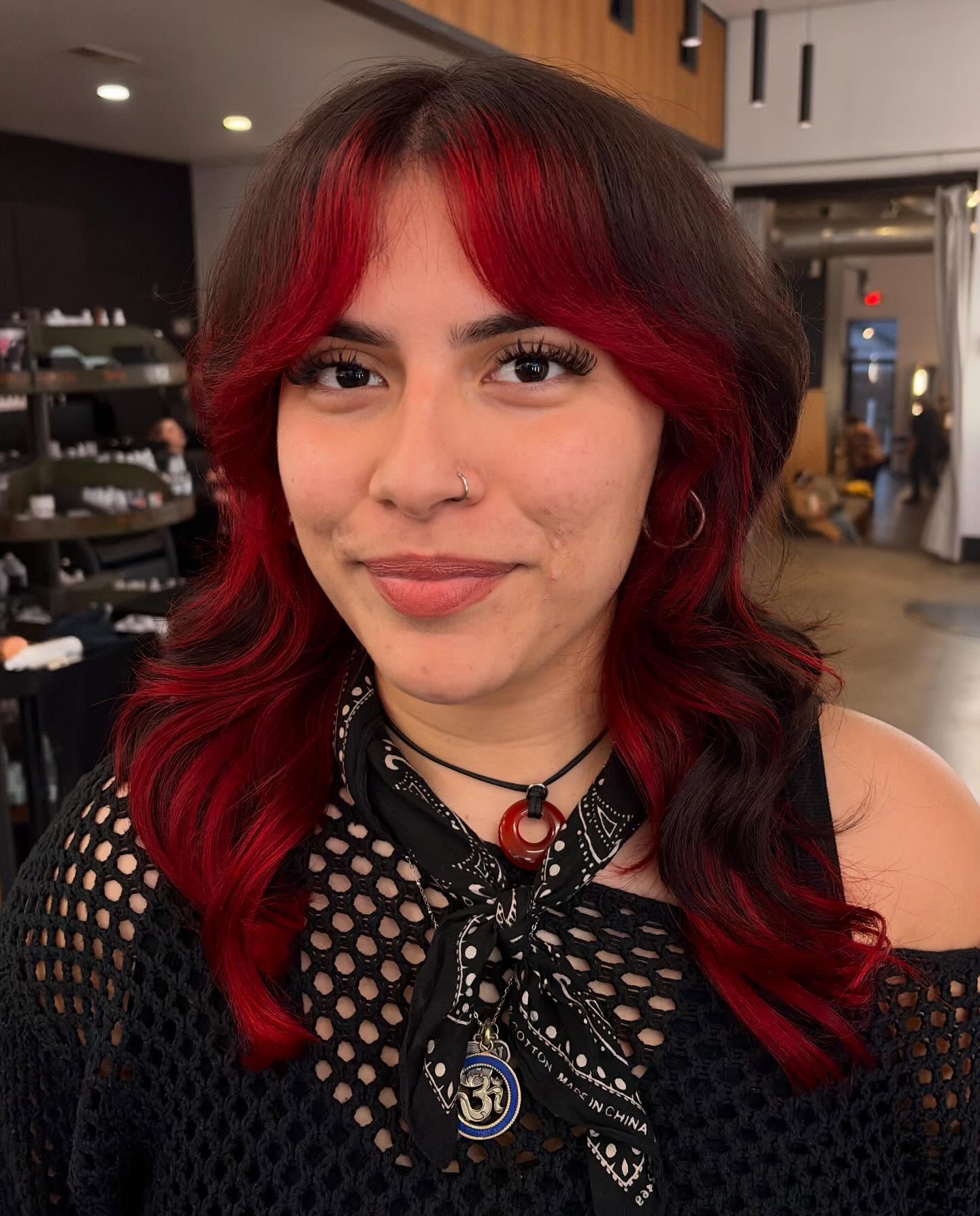Bold Color Block Bangs with Fiery Red Highlights