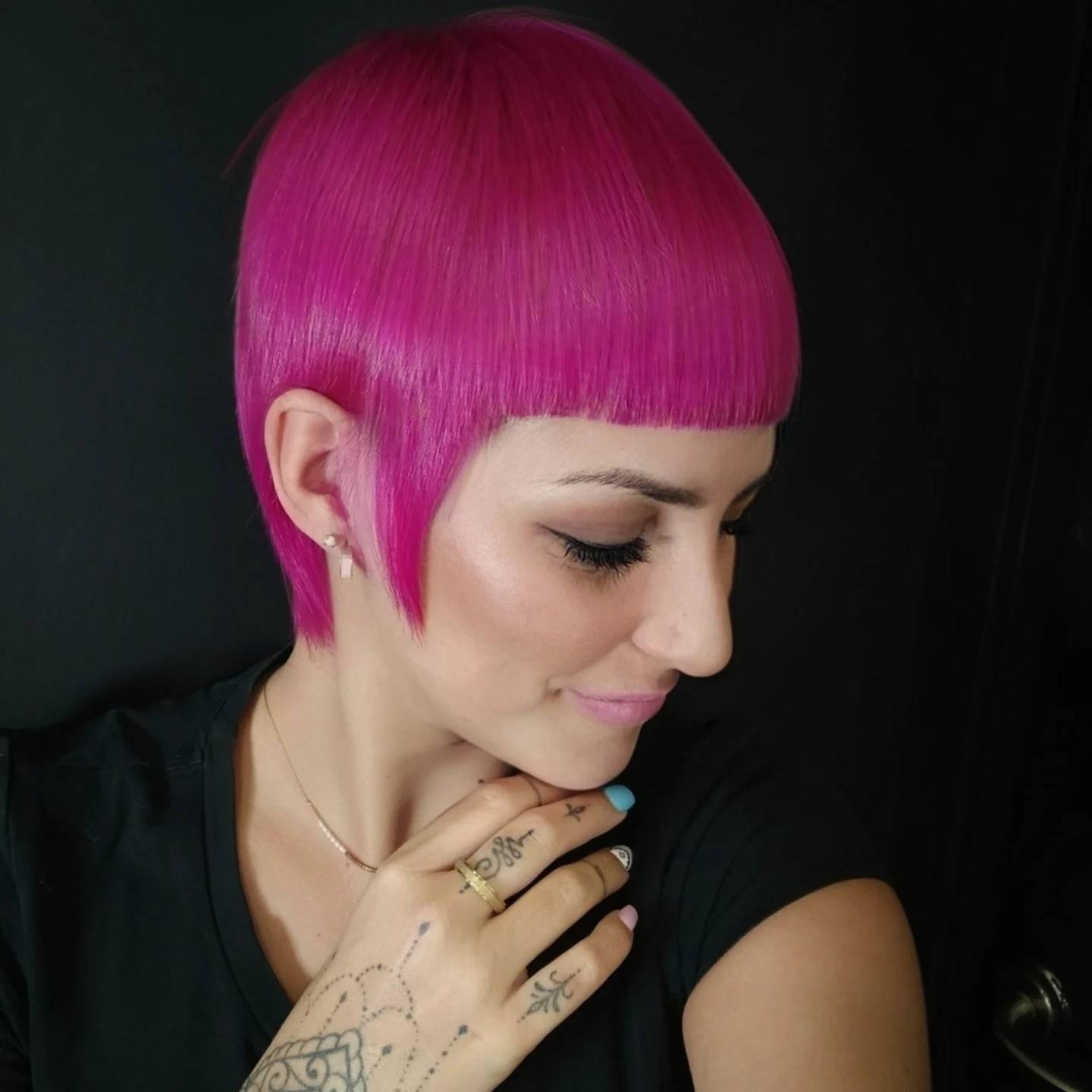 Bold Pink Geometric Pixie Cut