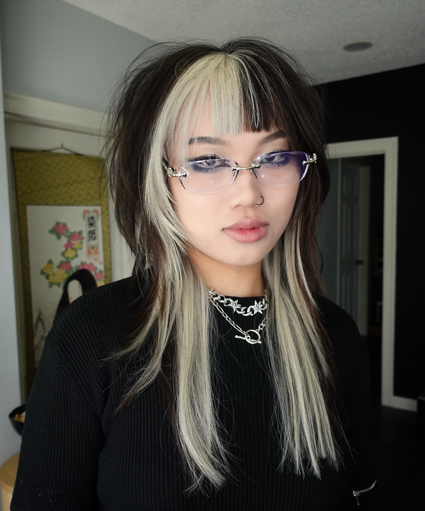 Chic Asymmetrical Color Block Bangs with Long Layers