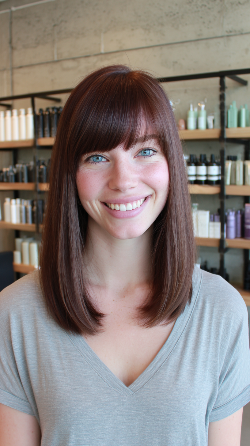 Glossy Medium Straight Cut with Bold Bangs