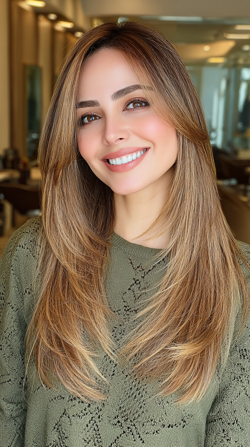 Radiant Long Layered Cut with Warm Caramel Balayage