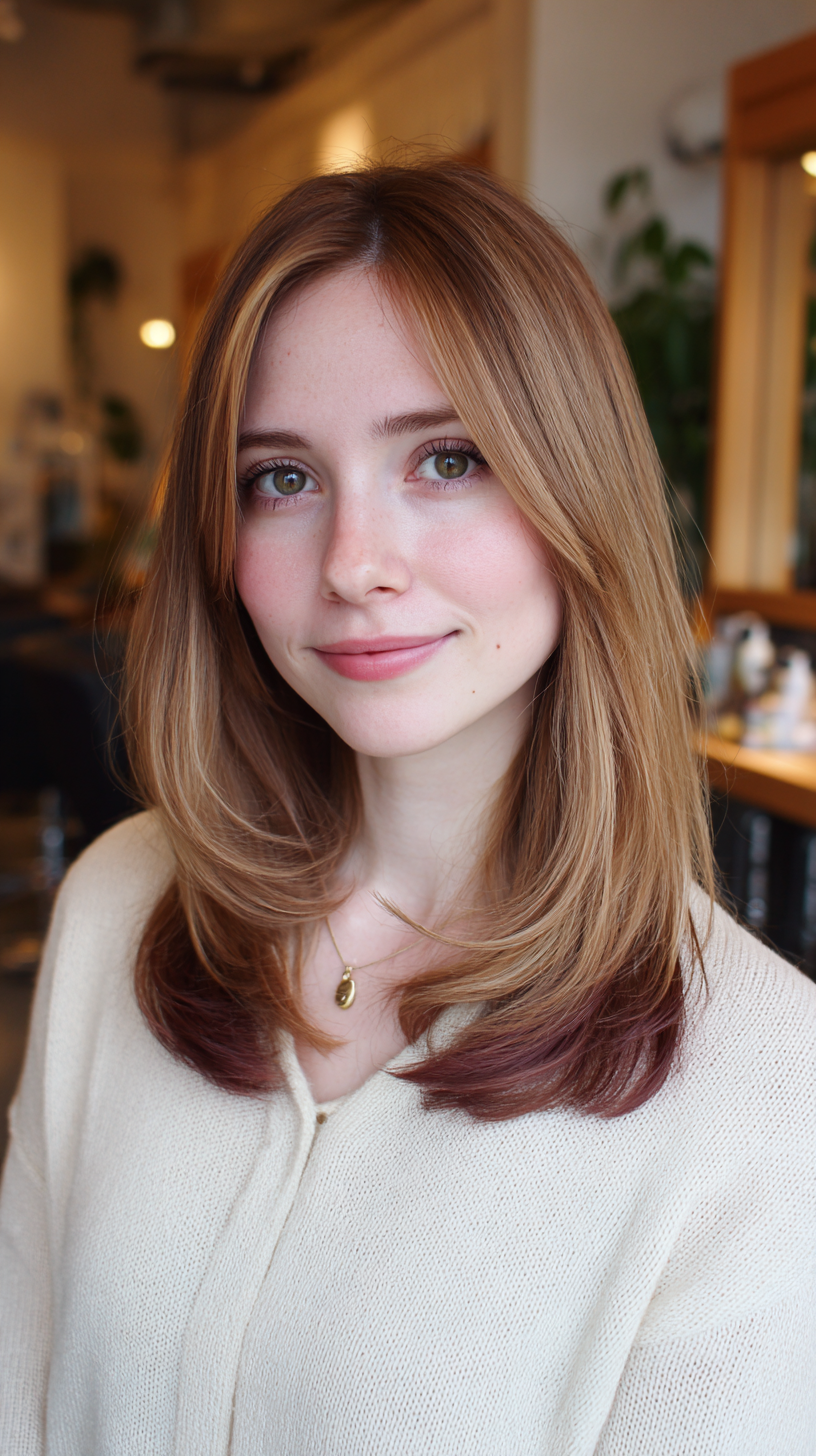 Softly Blended Long Layers with Subtle Burgundy Tips