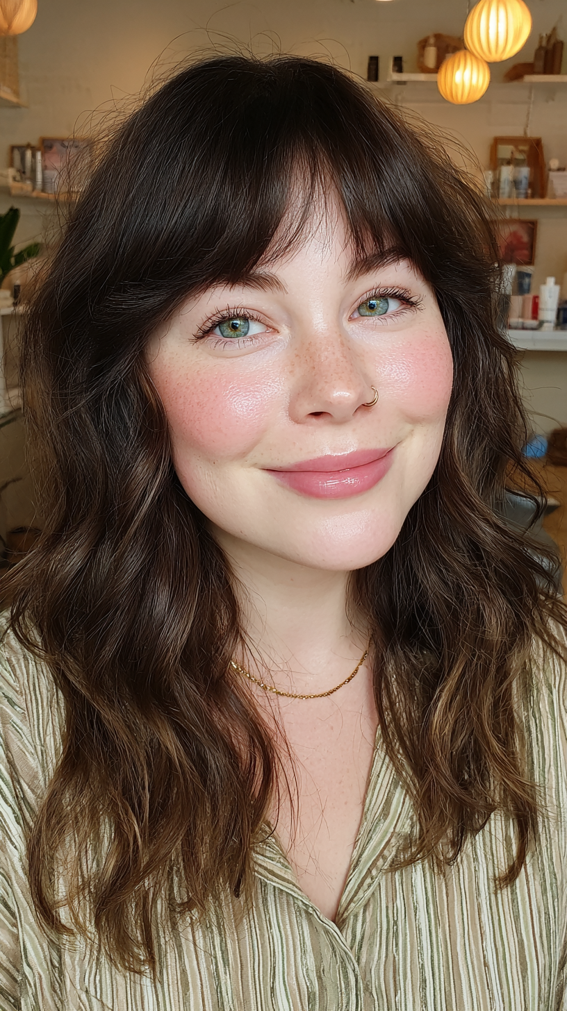 Textured Long Waves with Soft Curtain Bangs