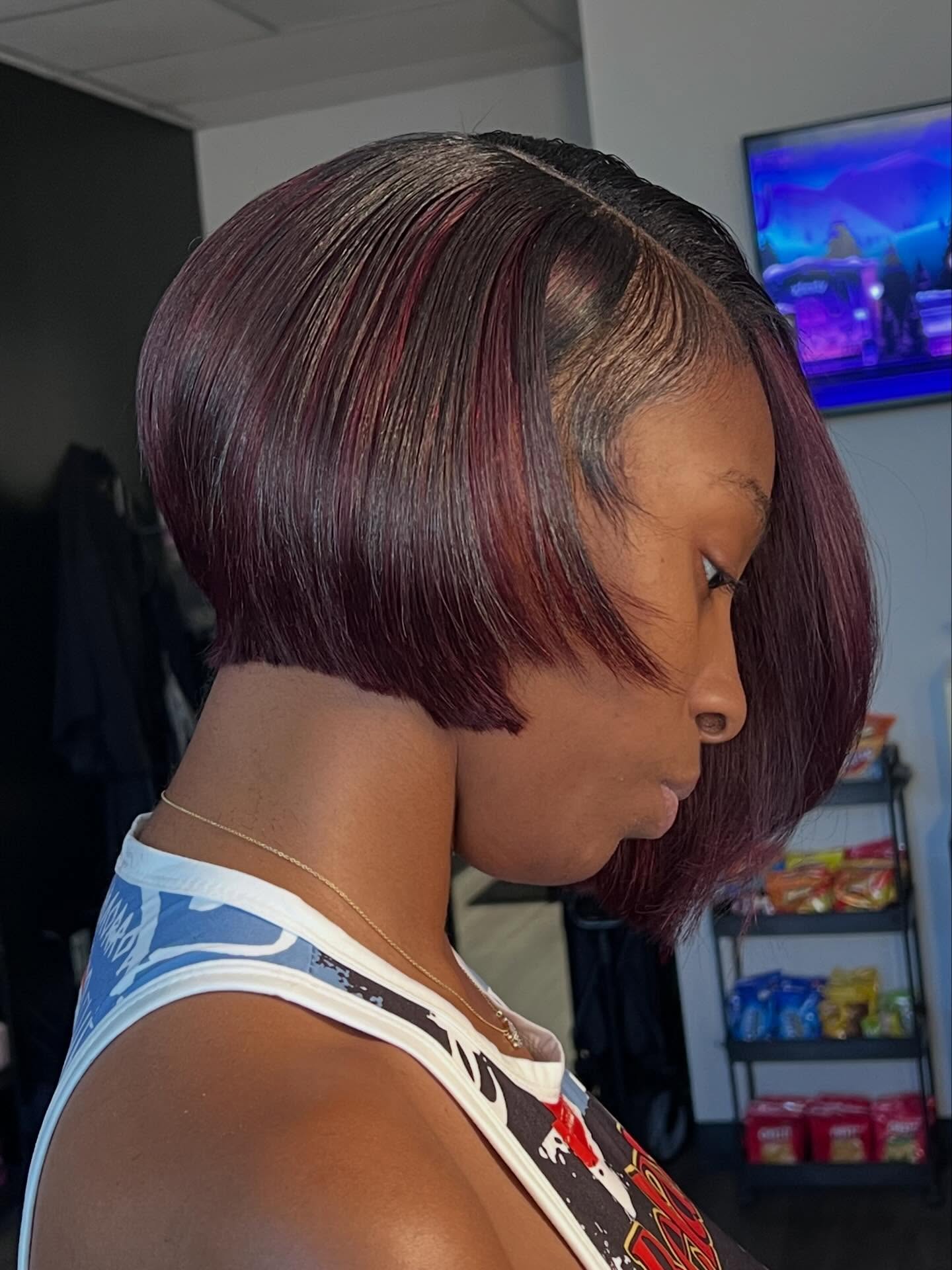 Bold Burgundy Stacked Bob with Sleek Finish
