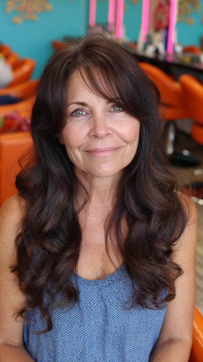 Softly Cascading Wavy Layers with Gentle Bangs