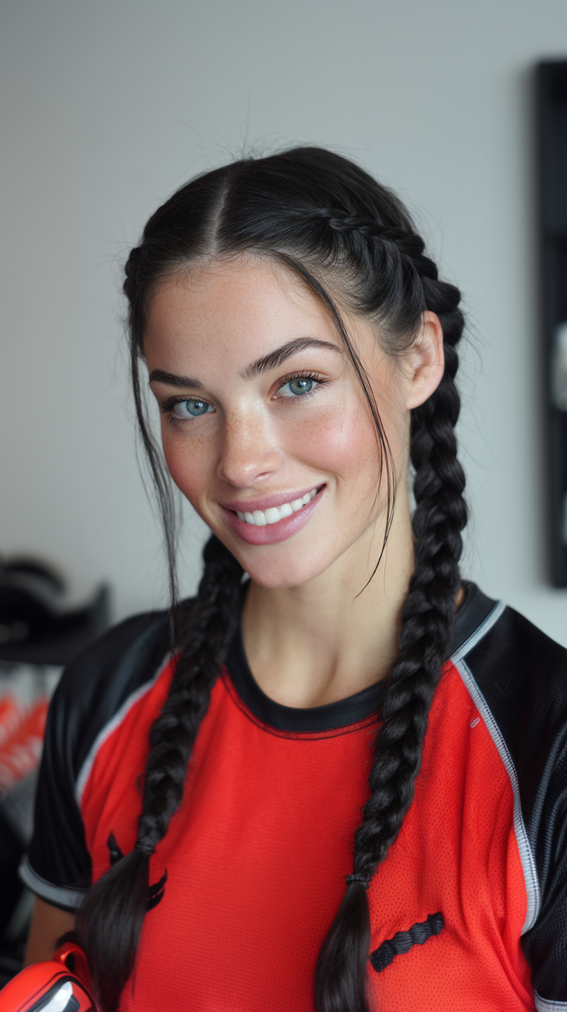 Sporty Double Dutch Braids with Face-Framing Tendrils