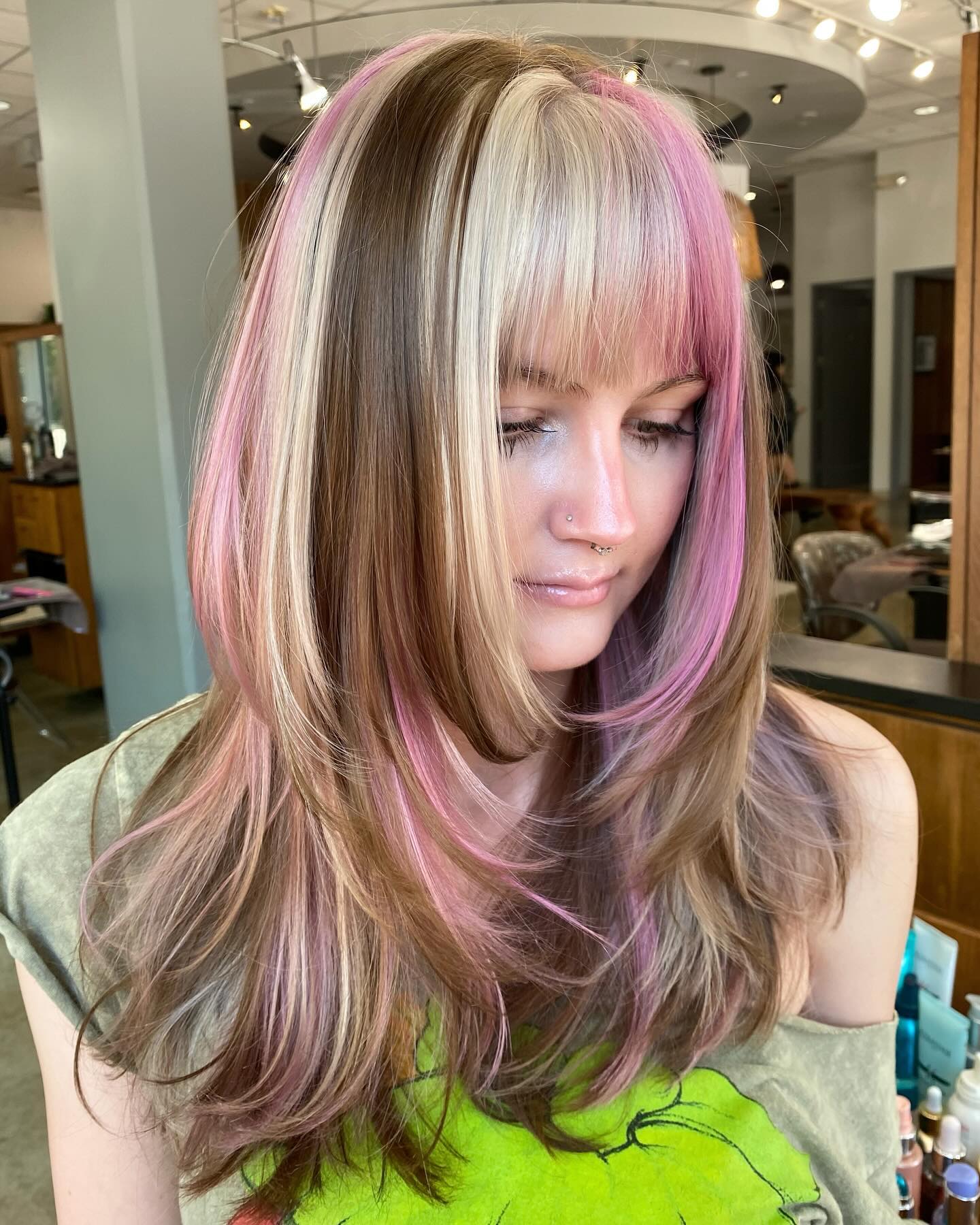 Stylish Long Layers with Bold Pink Accents