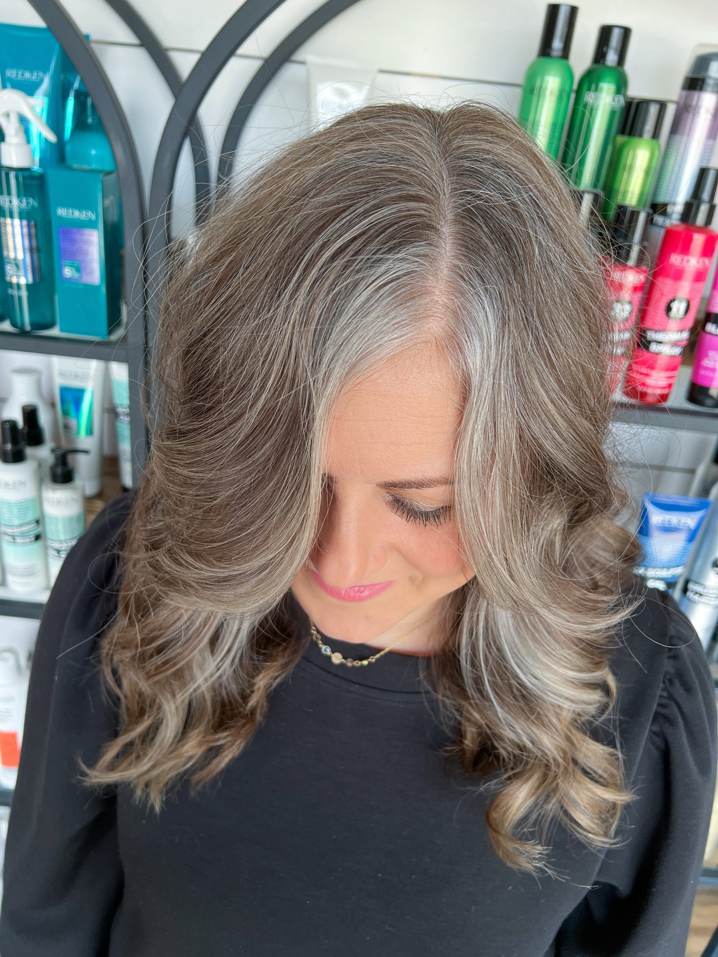 Elegant Long Layered Gray and Blonde Blend with Soft Waves