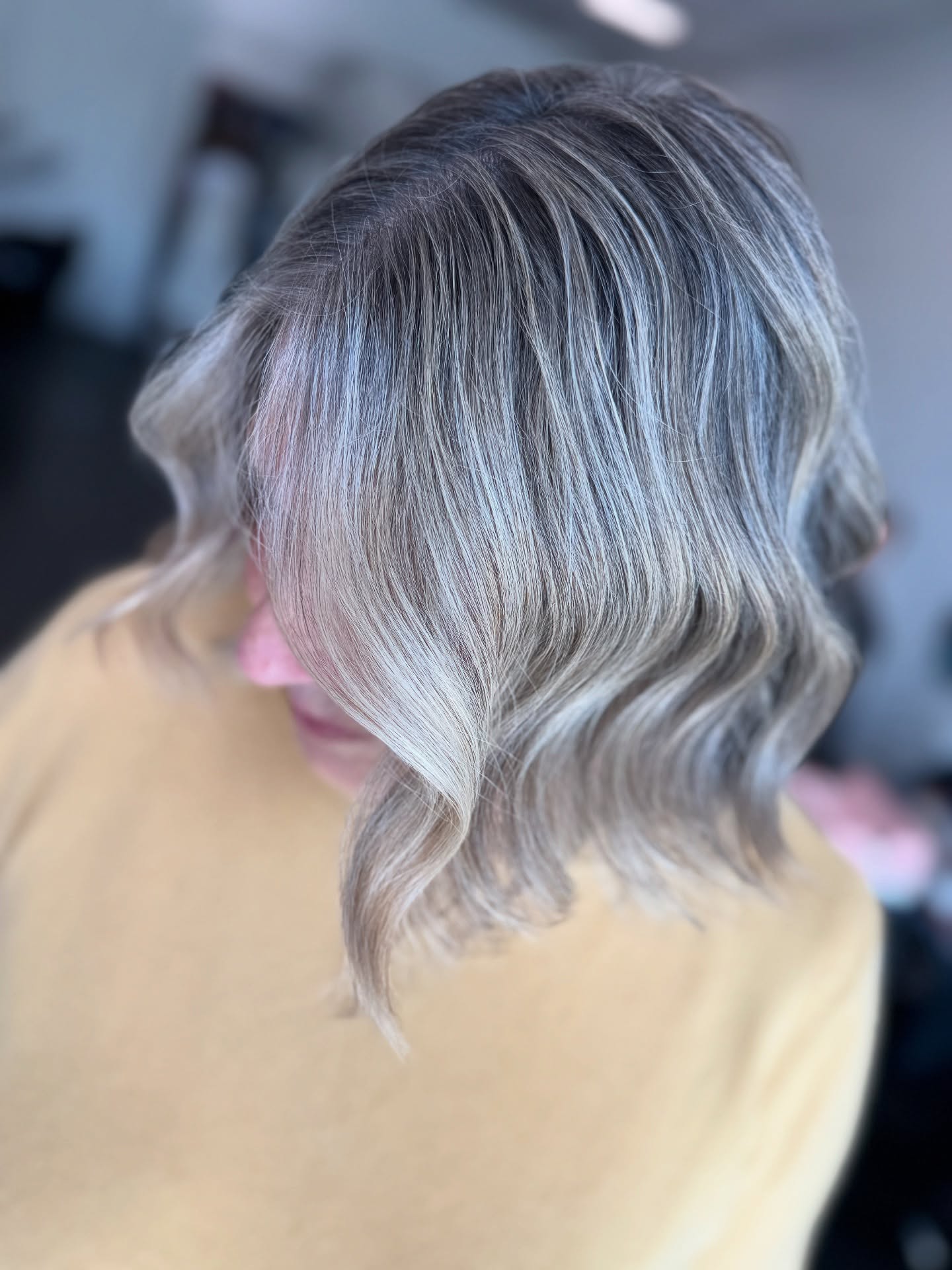 Soft Textured Gray and Blonde Wavy Lob