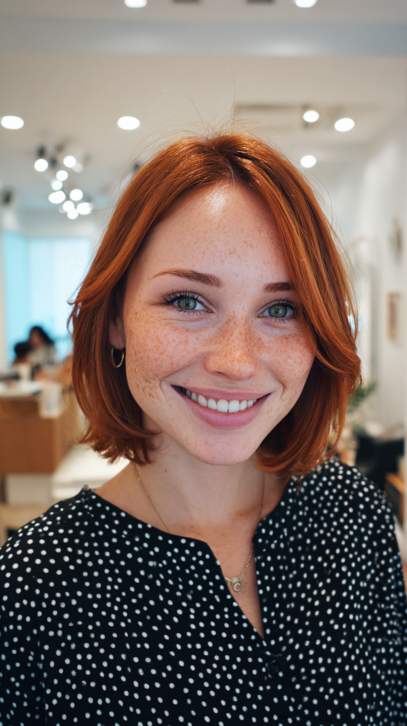 Chic Copper Lob with Soft Texture on Warm Tan Skin