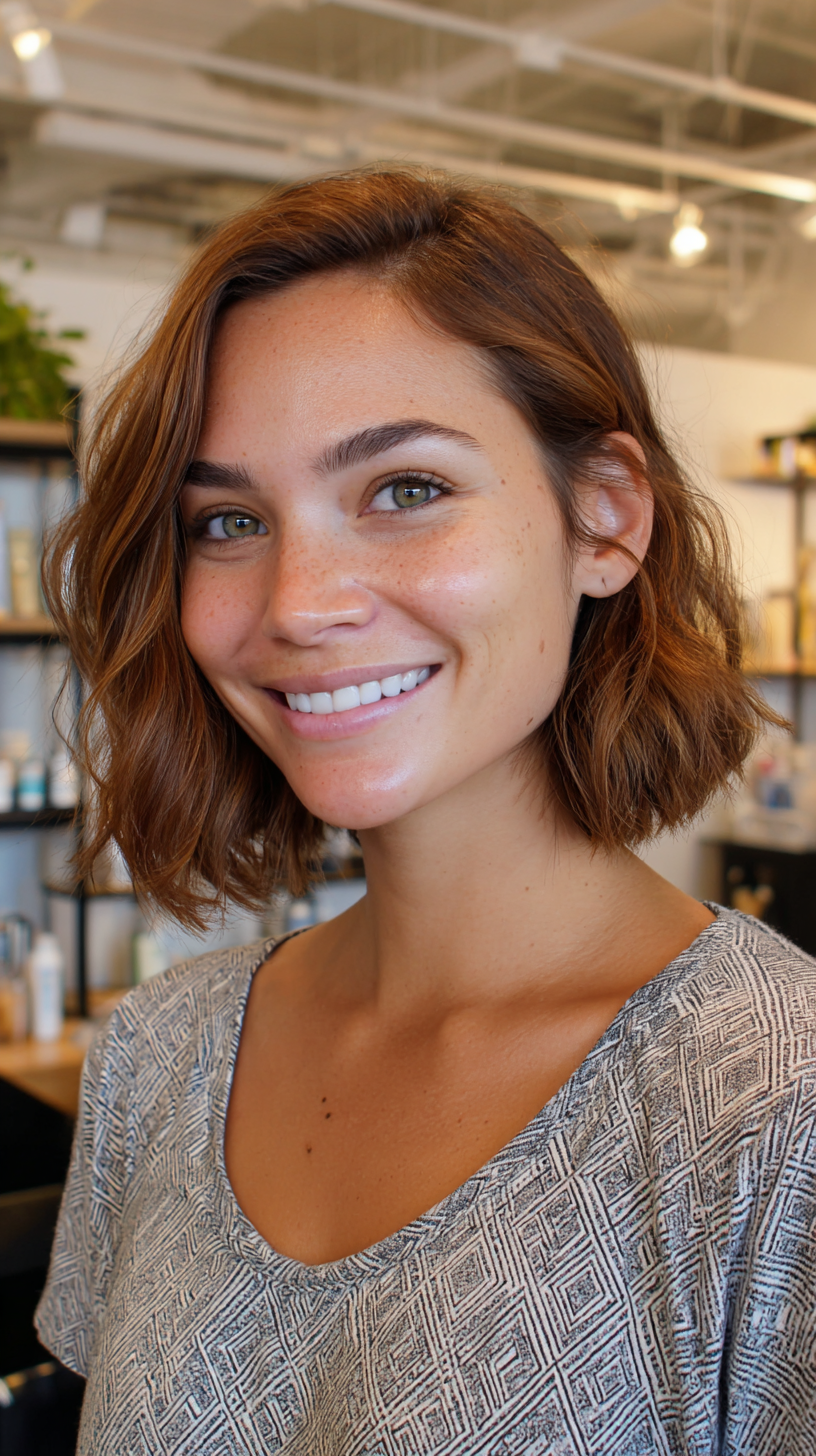 Chic Copper Textured Lob on Warm Tan Skin