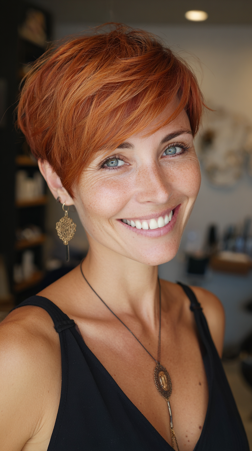 Chic Copper Textured Pixie on Warm Tan Skin