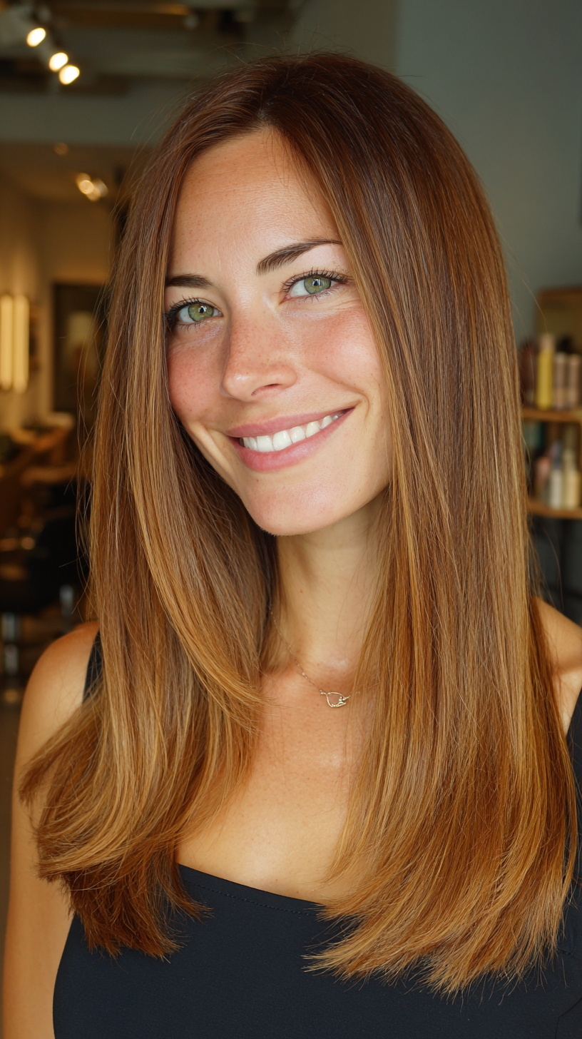 Elegant Copper Long Layers on Warm Tan Skin