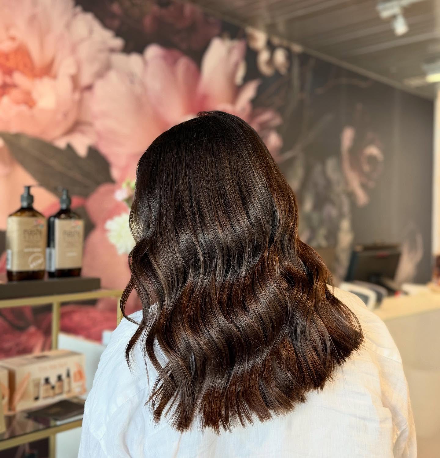 Glossy Chocolate Brown Long Layers with Soft Waves