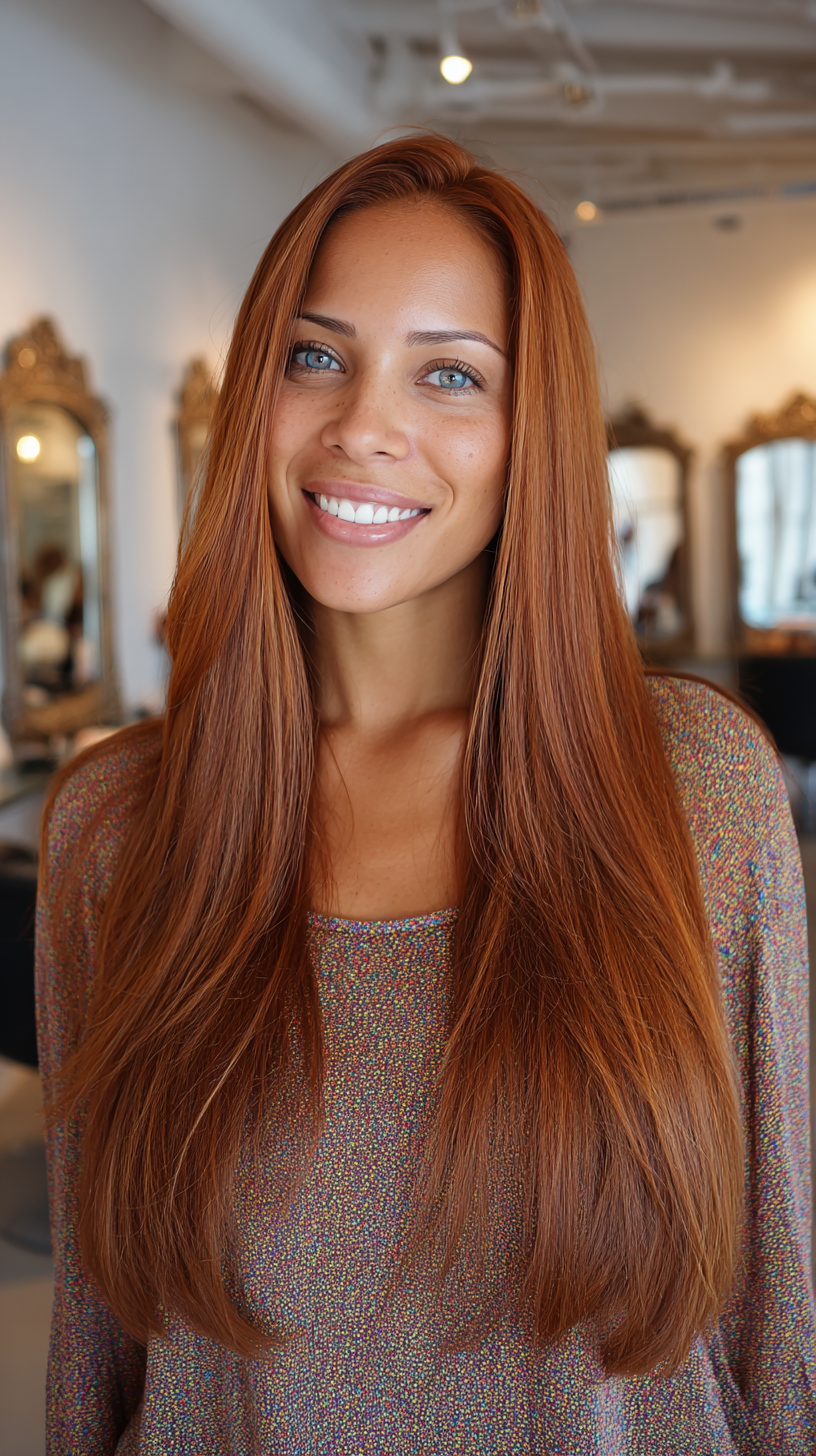 Glossy Copper Length with Subtle Layers on Tan Skin