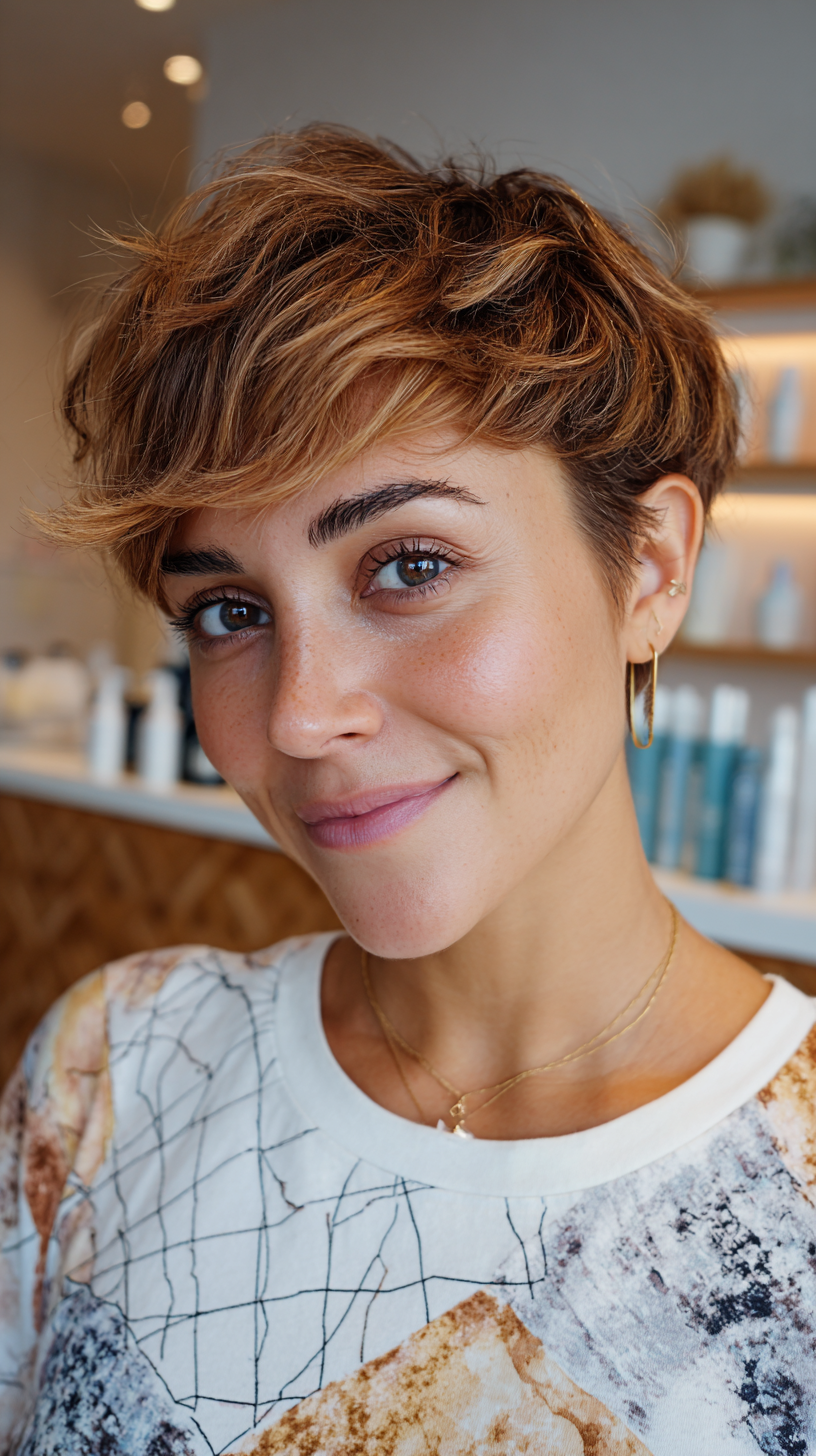 Modern Copper Textured Pixie on Warm Tan Skin