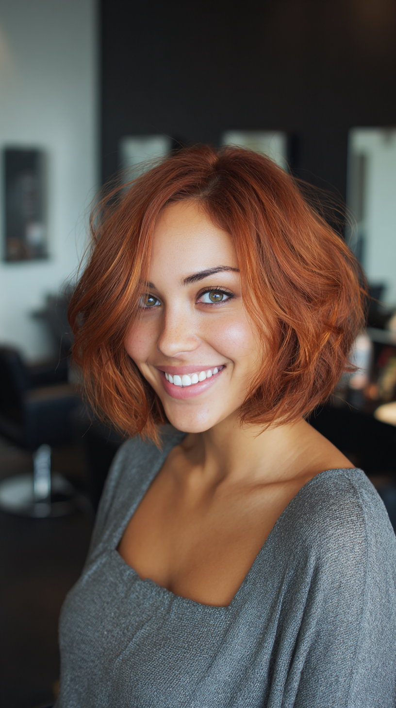 Playful Copper Textured Bob on Warm Tan Skin