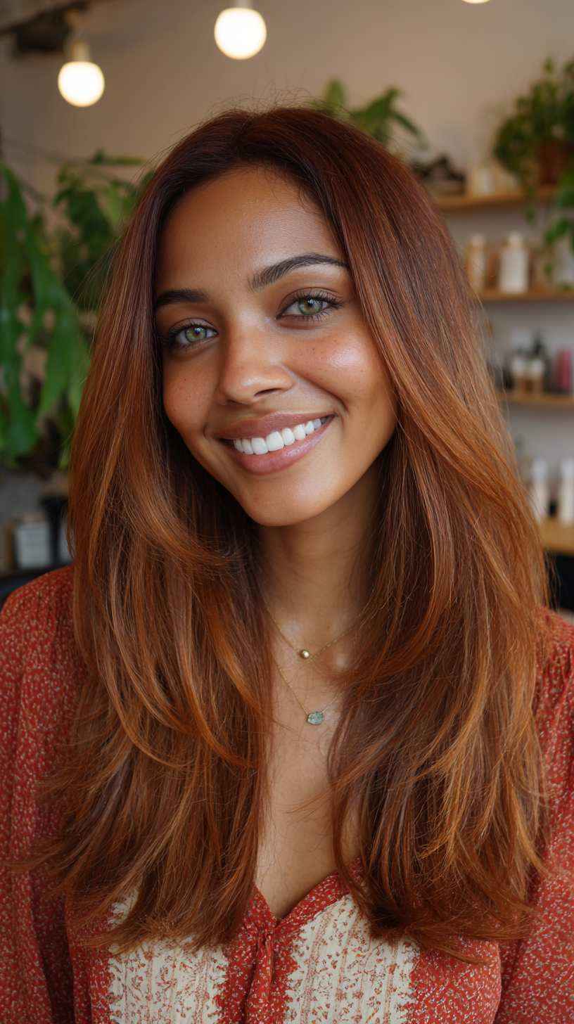 Radiant Copper-Infused Long Layers on Warm Tan Skin