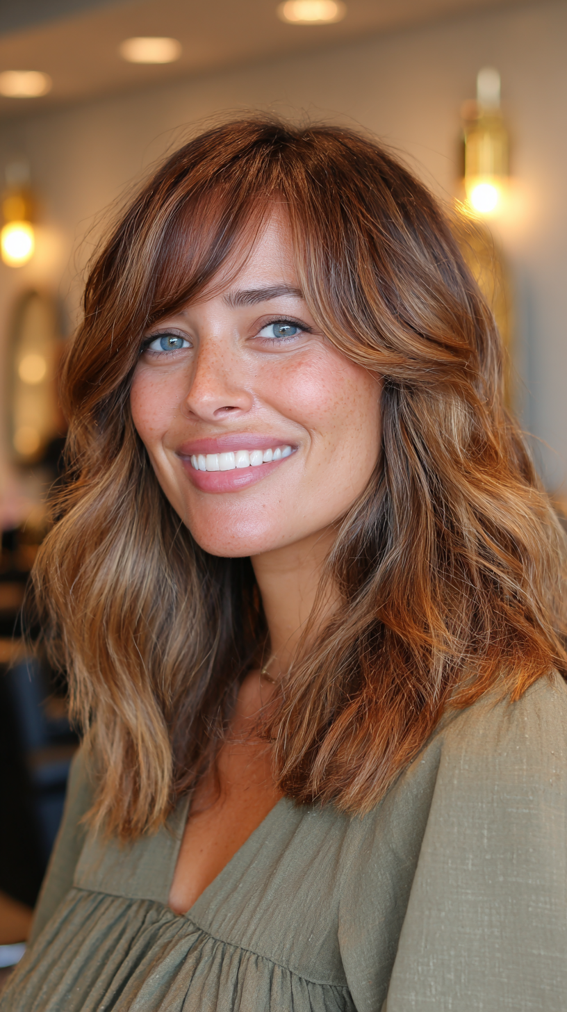 Radiant Copper Layers with Face-Framing Bangs on Warm Tan Skin