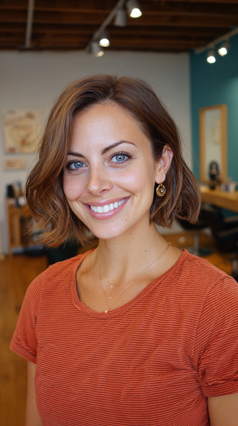 Textured Copper Bob with Soft Waves on Warm Tan Skin