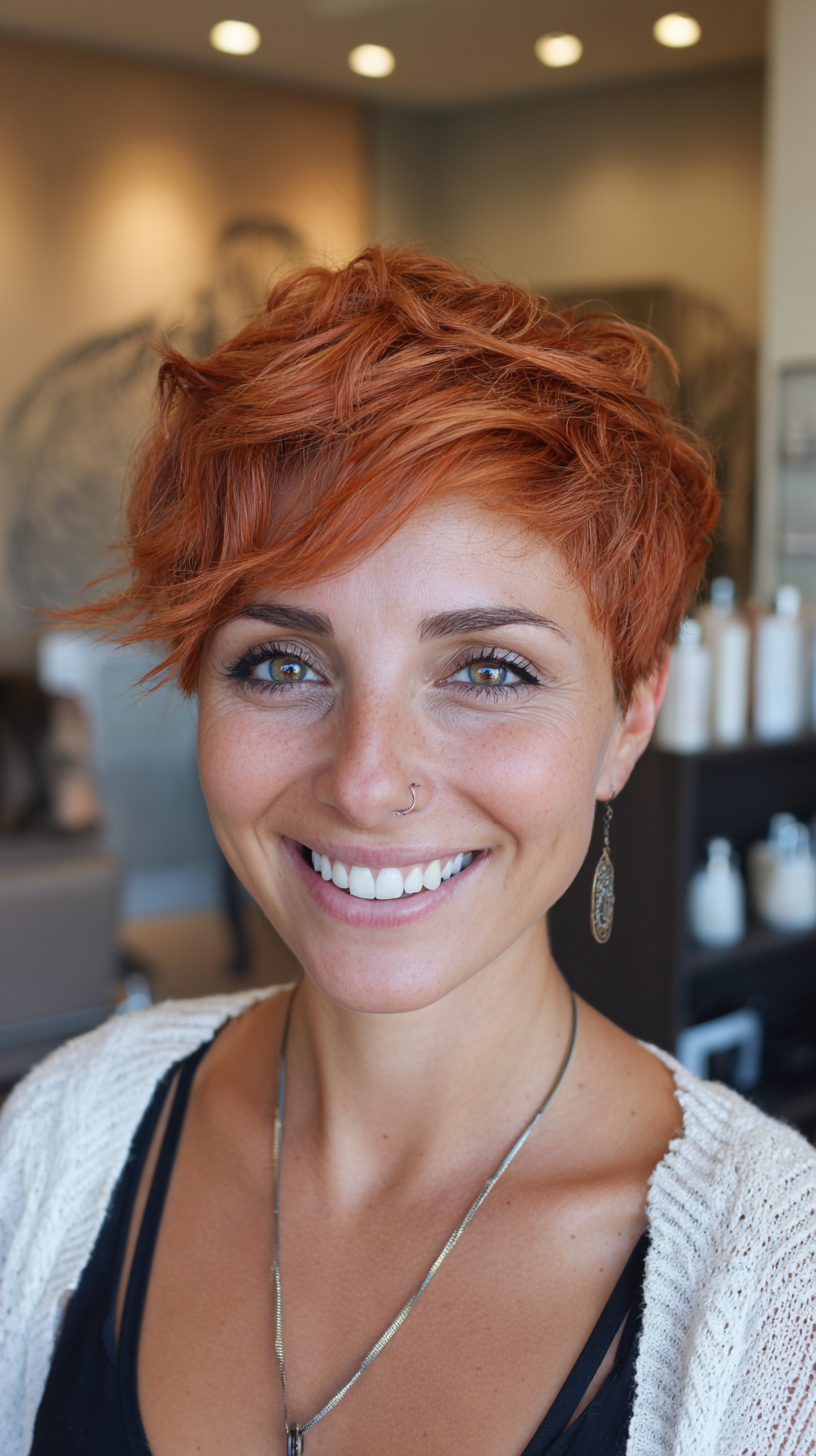 Textured Copper Pixie Cut on Warm Tan Skin