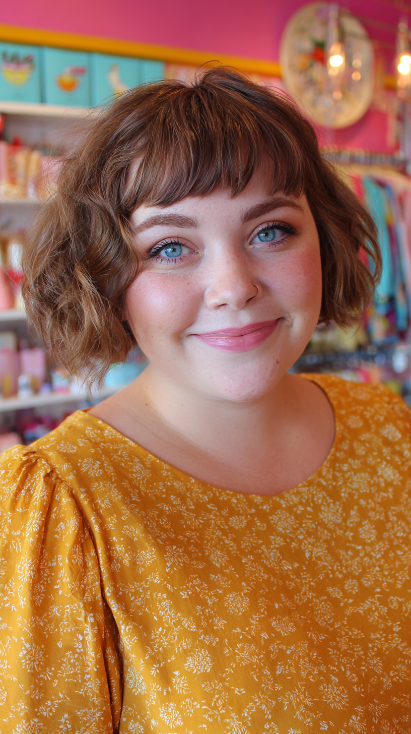 Chic Curly Bob with Playful French Bangs