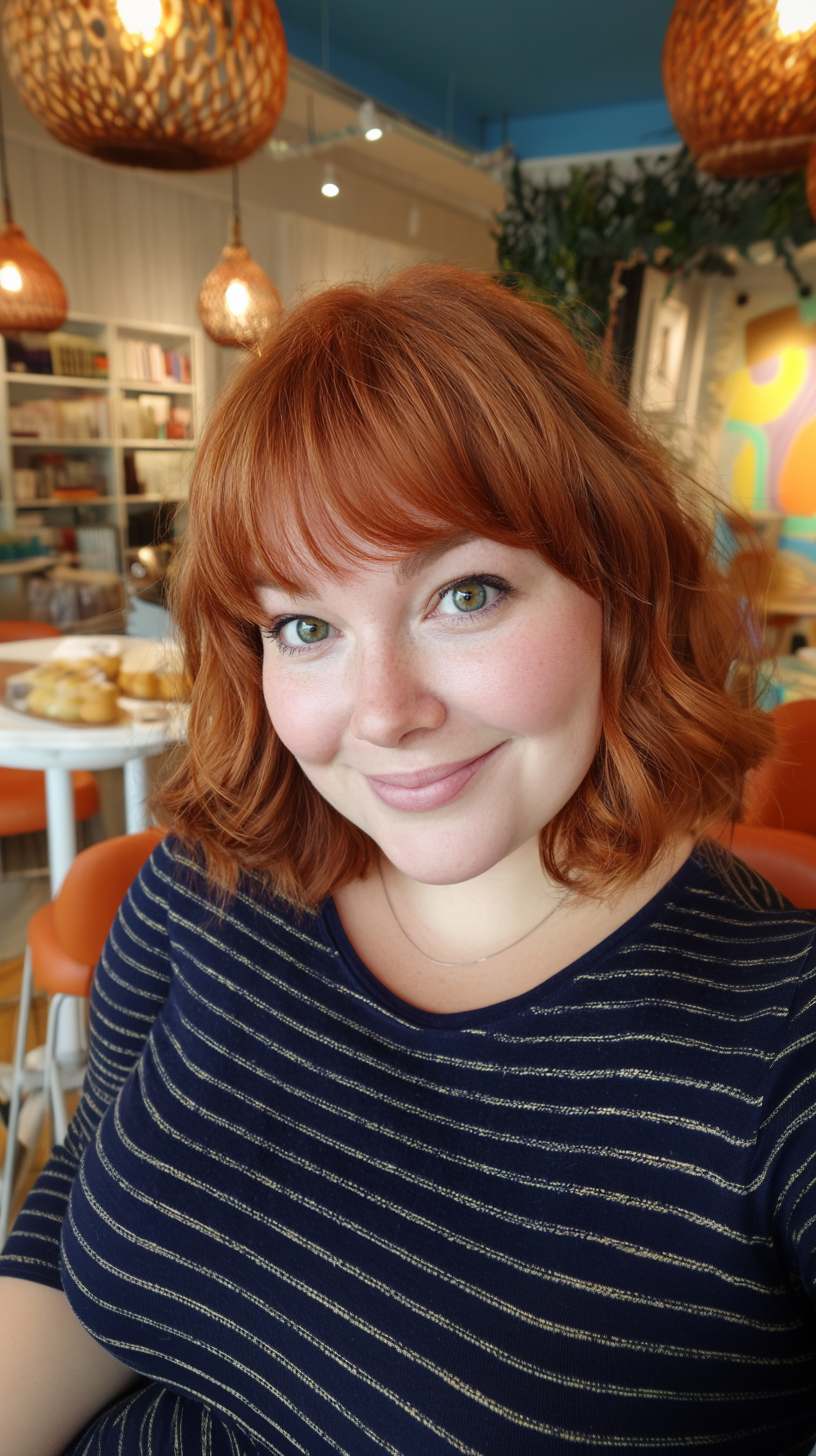 Chic Red Curly Bob with Soft French Bangs