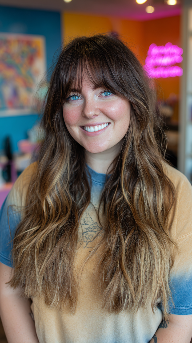 Effortlessly Textured Long Hair with Soft French Bangs