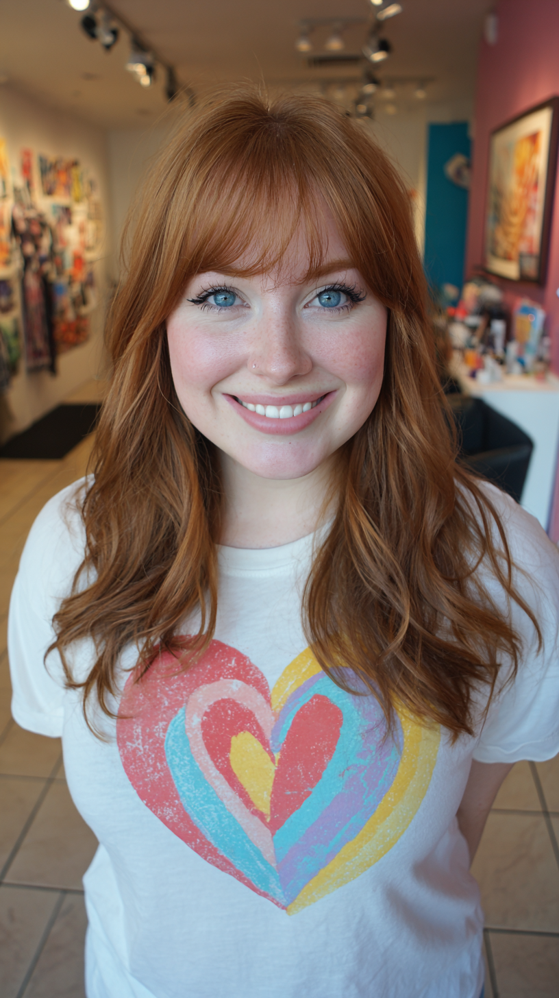 Soft Copper Layers with Playful French Bangs