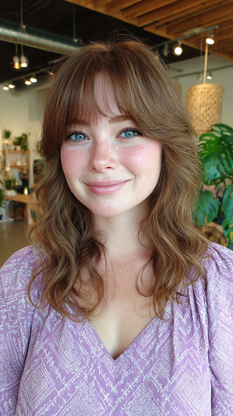 Soft Textured Waves with French Bangs for Round Faces